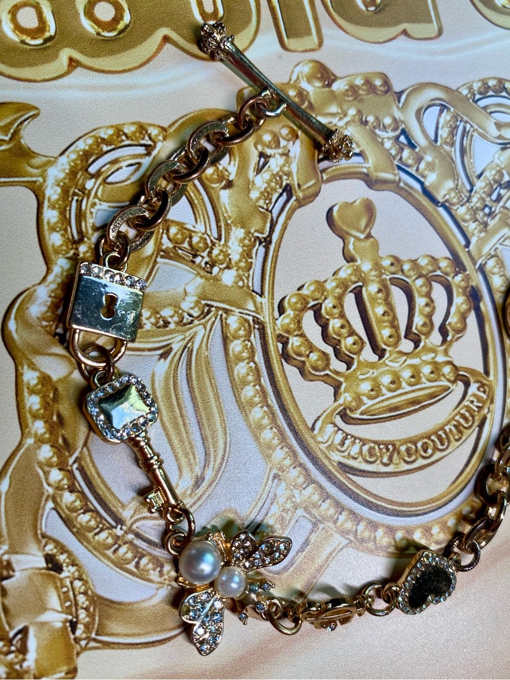 Gold Charm Bracelet with Pearls and Rhinestones
